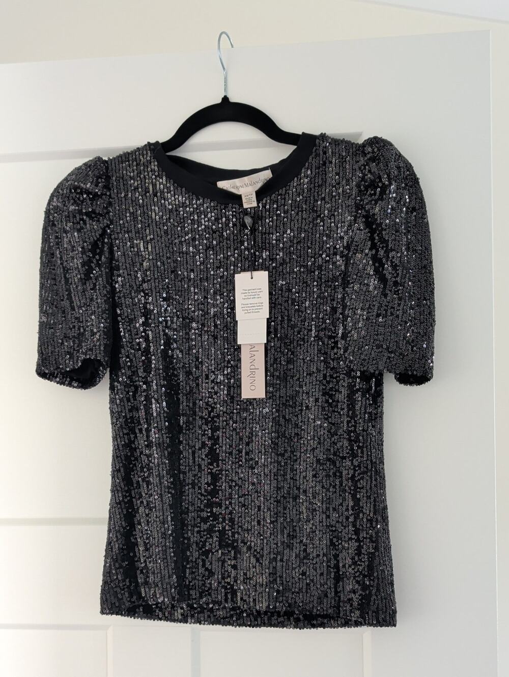 Catherine Malandrino Black Sequin Puff Sleeve Blouse NWT